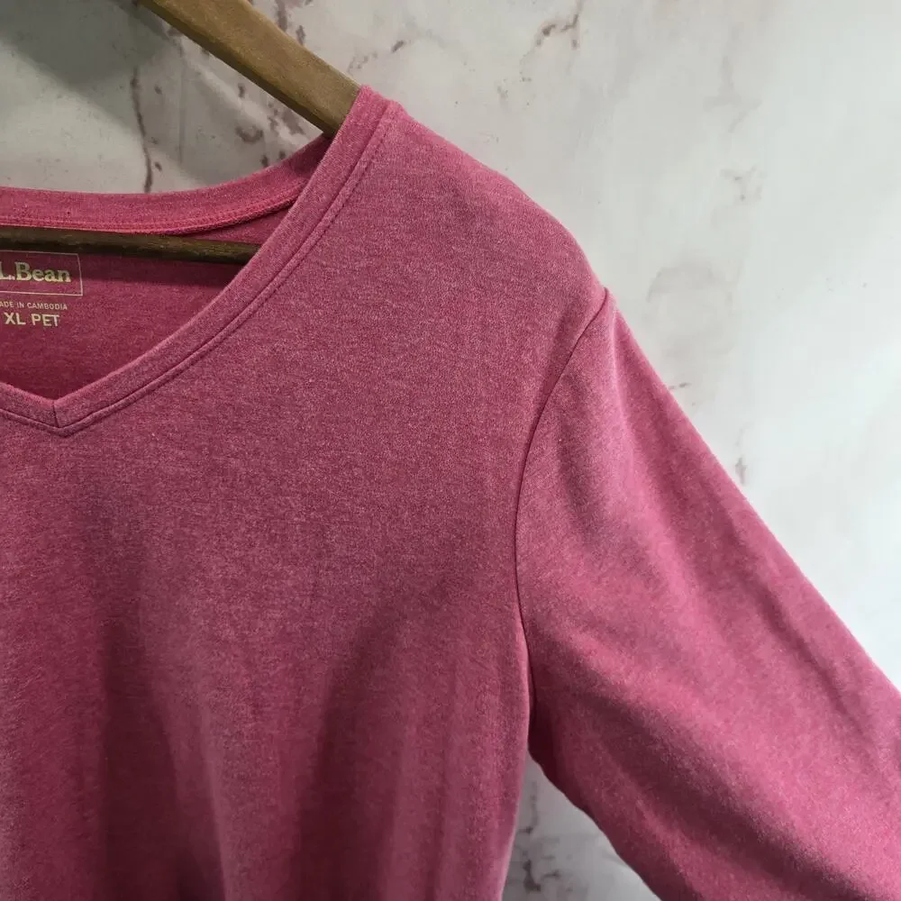 LL Bean Shirt Womens XL Petite P Pink Three Quarter Sleeve V Neck